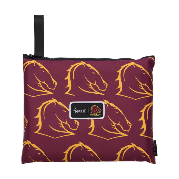 Burgundy pouch with repeating gold horse head print, black handle, and Nakie brand label.