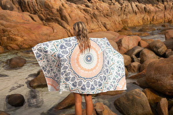 Recycled multi-purpose blanket with mandala and geometric patterns in navy