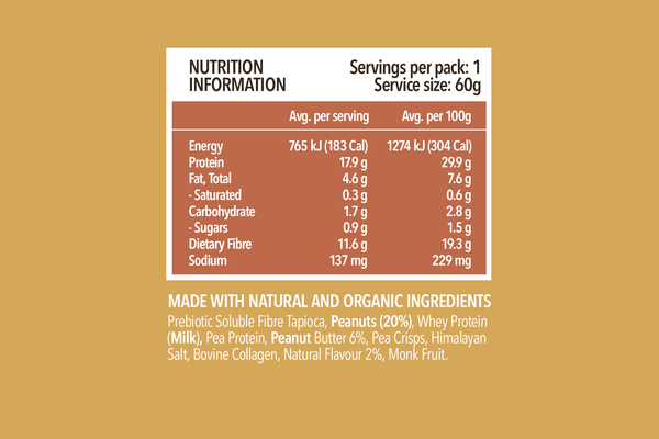 Nutrition information label for protein bar showing 765 kJ per 60g serving with 17.9g protein