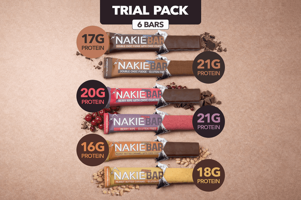 Nakie protein bar trial pack with 6 bars in assorted flavors including double choc fudge, berry ripe