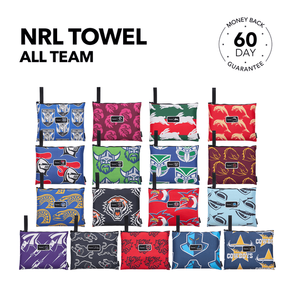 Collection of NRL team-branded beach towels in various colors and patterns, displayed on hanging stand.