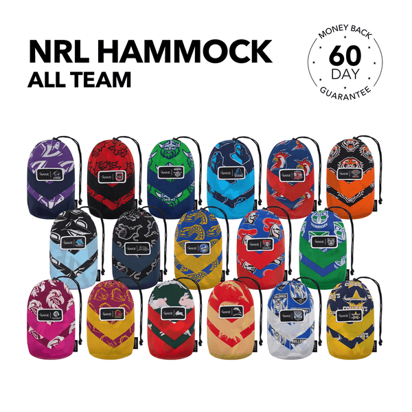 NRL team hammocks in various colours with drawstring straps and team logos displayed in product lineup arrangement.