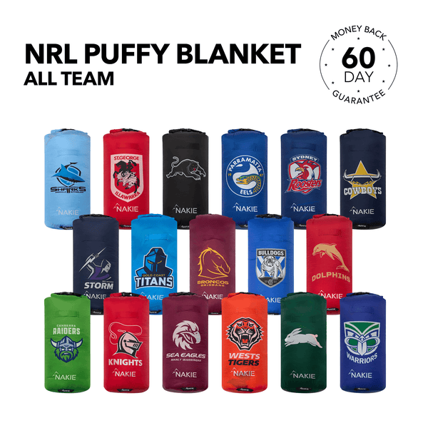 Collection of NRL team puffy blankets in various colors including blue, red, black