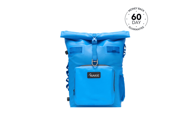 Bright blue recycled cooler backpack with rolled top closure, front pocket, side straps, and Nakie branding label.