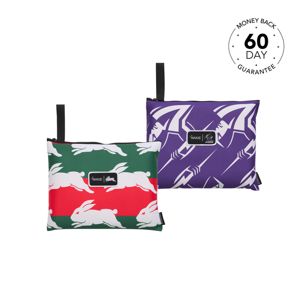 Two recycled sand-free beach towels: one with green, red and white striped design with white rabbit pattern