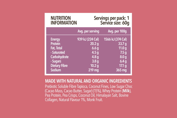 Nutrition information label for 60g protein bar showing 939kJ energy, 20.2g protein, with ingredients including tapioca