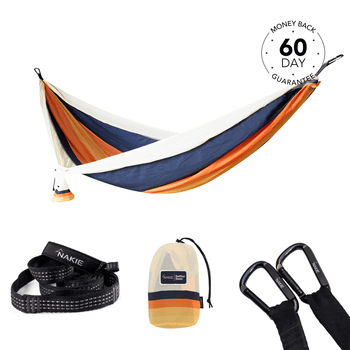 Striped nylon hammock in navy, orange and cream with black carabiners and carrying pouch included.