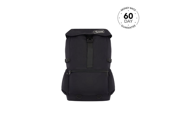 Black Nakie recycled travel backpack with roll-top closure, front zip pocket, and padded straps, shown front view.