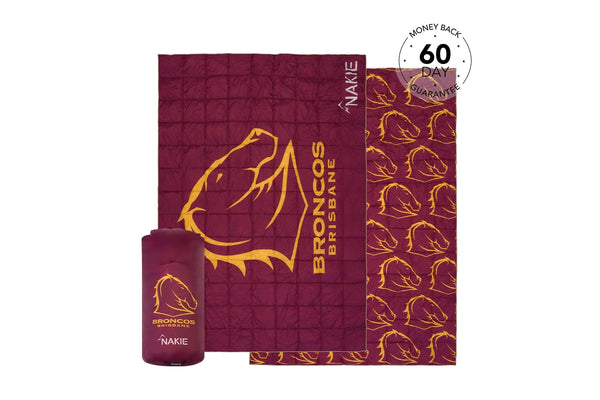 Burgundy quilted puffy blanket with gold Broncos logo and horse head pattern, shown with matching water bottle