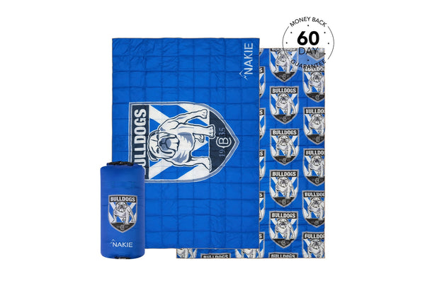 Blue quilted puffy blanket with Bulldogs NRL logo and team emblem, includes matching stuff sack