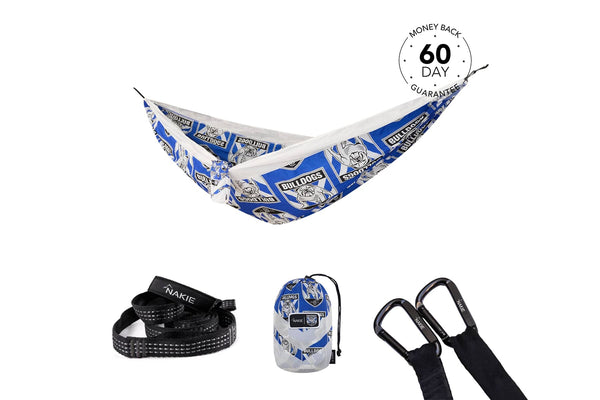 Blue and white Bulldogs NRL recycled hammock with matching strap set and carabiners included