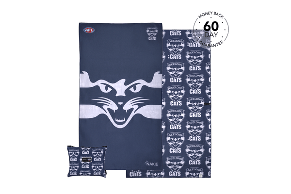 Navy Geelong Cats AFL beach towel with white cat face graphic and repeating logo pattern, sand-free design shown with carryin