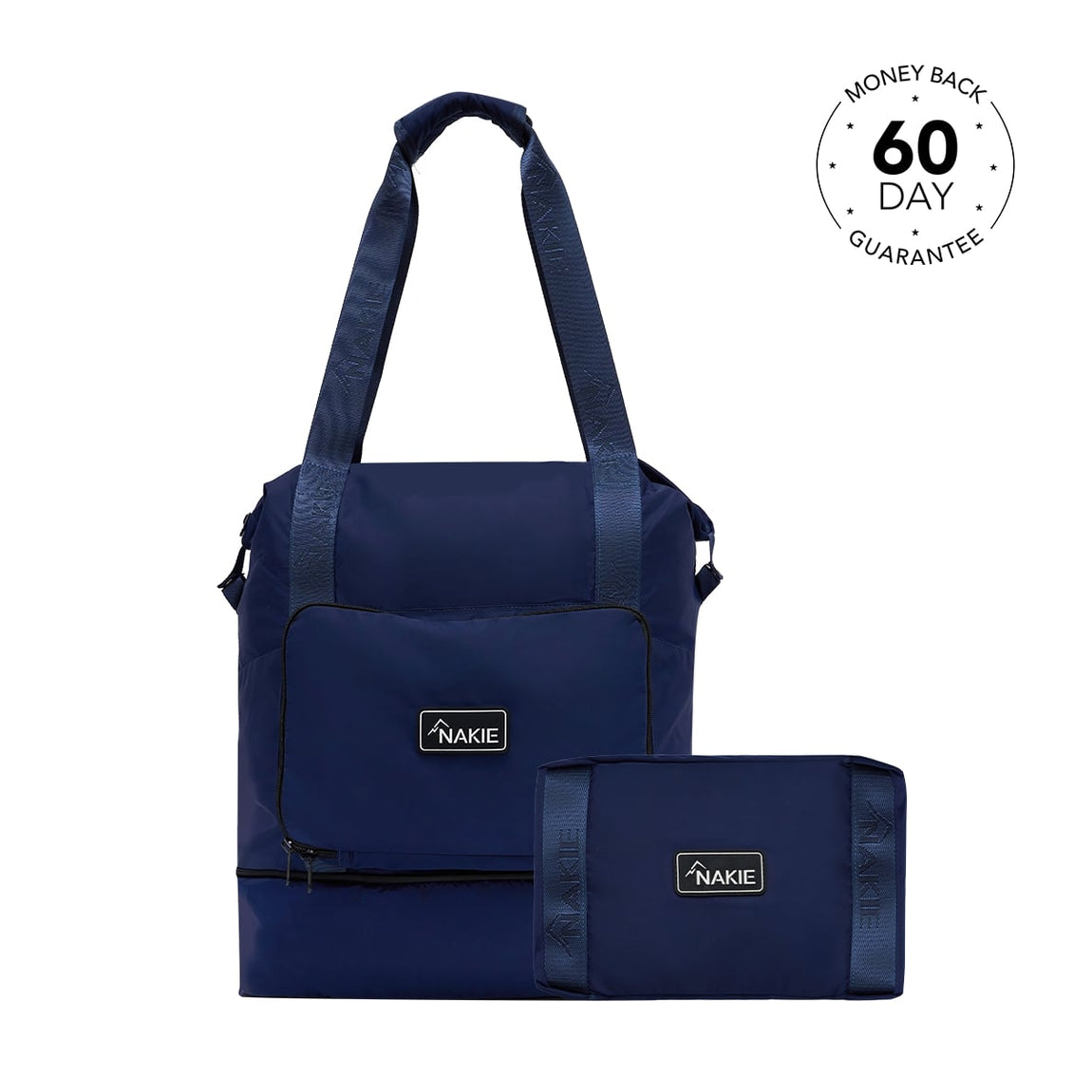 Navy recycled tote bag with dual handles, front pocket, and detachable pouch featuring Nakie branding