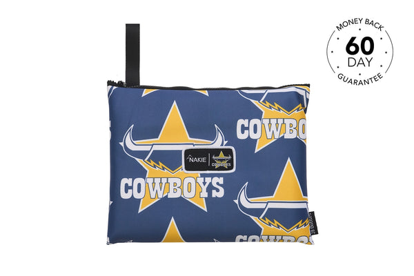 Cowboys navy beach towel with gold stars, horns, and white text pattern, featuring black carry handle