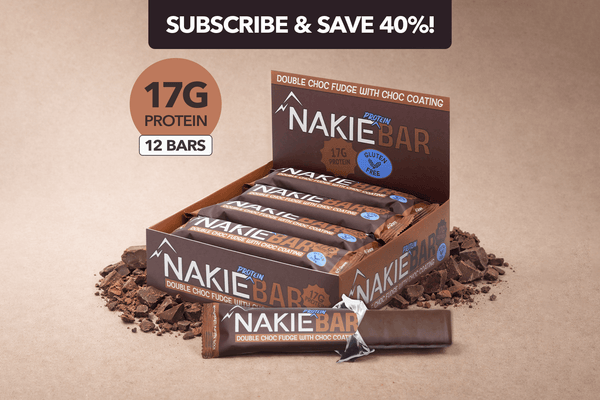 Nakie Protein Bar double choc fudge with chocolate coating, 12-bar box with individual wrapped bar displayed