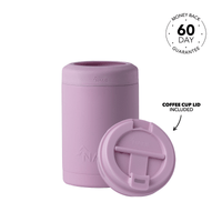 Dusty pink insulated coffee cup with matching lid, front view showing cylindrical body and included round coffee cup lid with