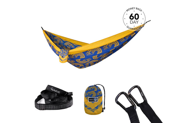 Eels NRL recycled hammock in gold and navy with patterned print