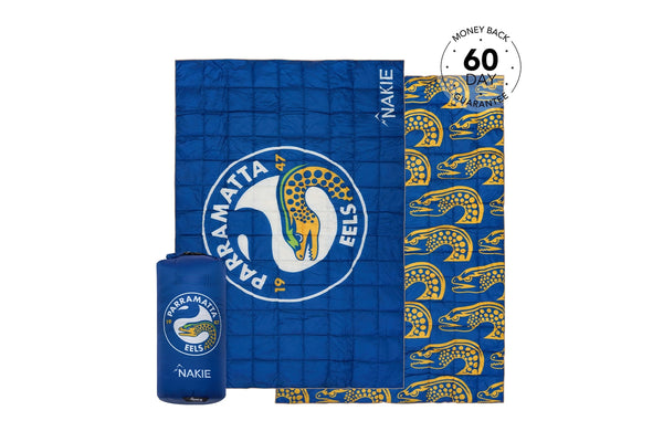 Parramatta Eels blue quilted puffy blanket with team logo and gold eel pattern, displayed with matching stuff sack.