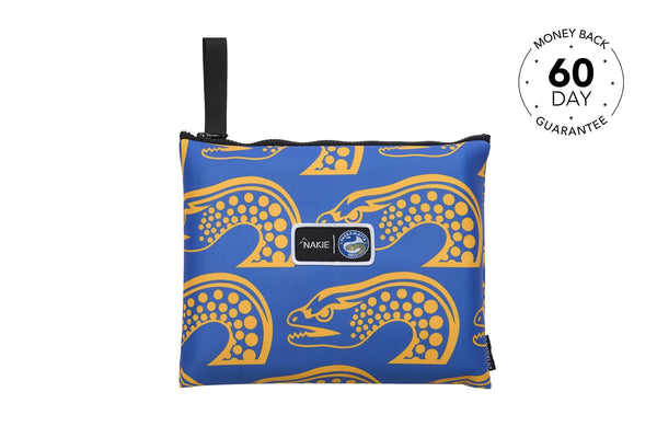 Blue and gold Eels NRL recycled sand-free beach towel with crocodile print and black carry handle