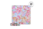Colorful abstract swirl picnic blanket in pink, blue, yellow, and green with carrying strap rolled up below. preview #1