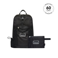 Black foldable 30L backpack with quilted texture, NAKIE branding, front pocket, and matching compact pouch.