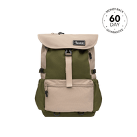 Olive green and beige recycled travel backpack with flap top, front zip pocket, and side straps, front view.