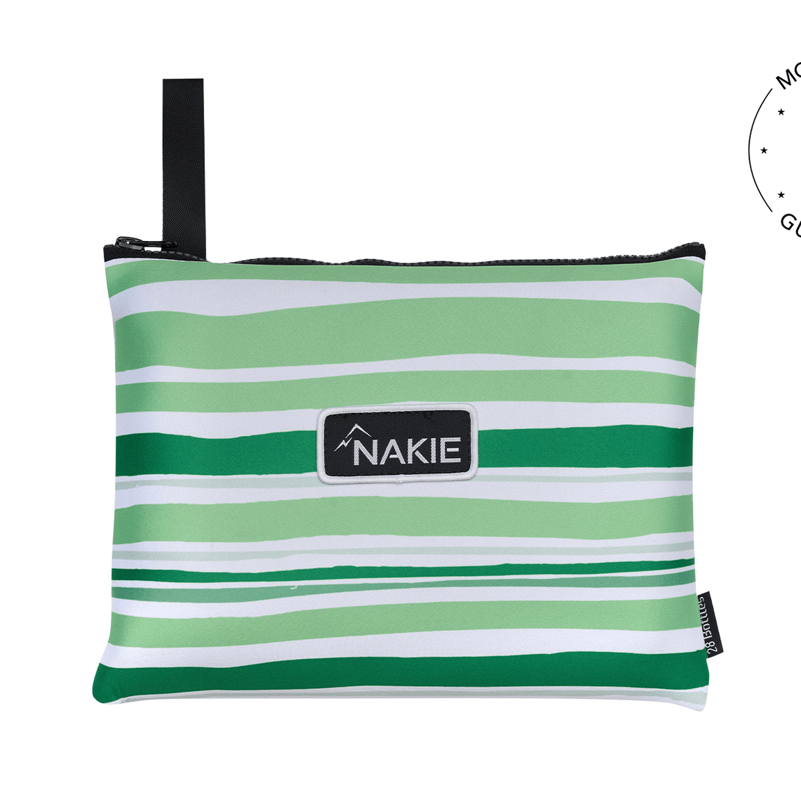 Green and white striped recycled sand-free beach towel with black carry strap and Nakie logo patch