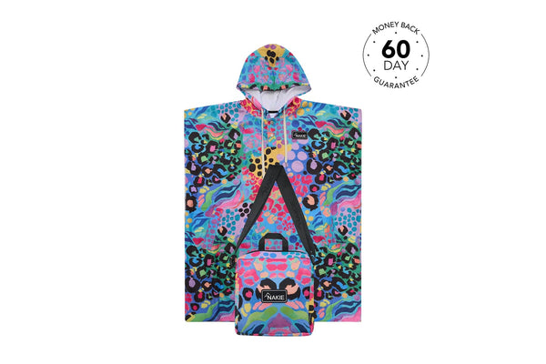 Multicolour leopard print hooded towel with black accents and NAKIE branding, front view.