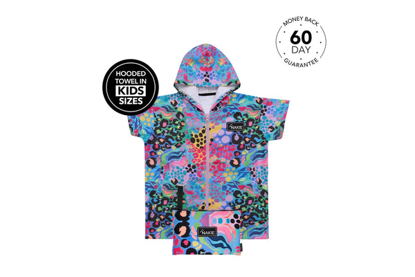 Colorful kids hooded towel with rainbow leopard print and wavy patterns