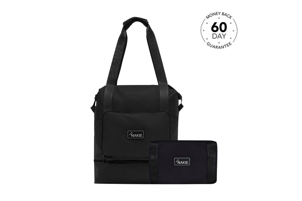 Black recycled tote bag with dual handles and front pocket, shown with matching black pouch accessory