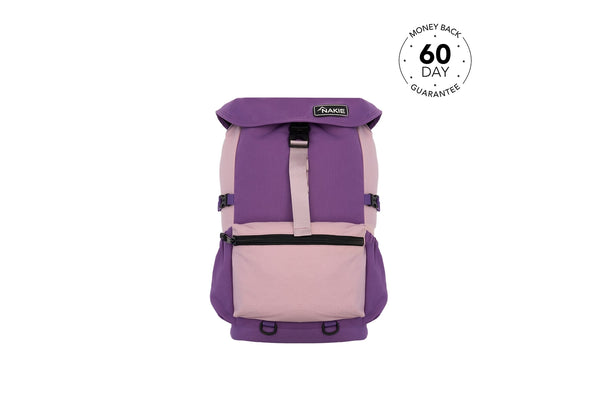 Purple and pink color-block recycled backpack with roll-top closure, front pocket, and shoulder straps