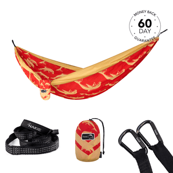 Nakie NRL Dolphins hammock with included accessories on a white background, featuring a money-back guarantee badge.