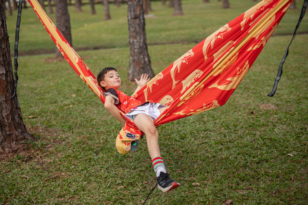 Child in a red and yellow Nakie NRL Dolphins hammock in a park setting