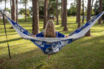 Back view of woman sitting in Nakie NRL Bulldogs hammock. preview #7