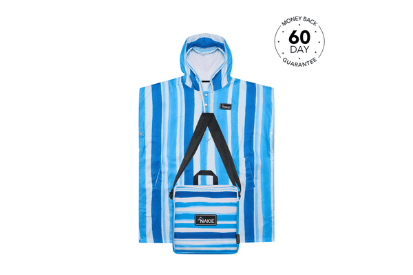 Blue and white striped hooded towel with matching sand-free beach bag, displayed flat with hood up.