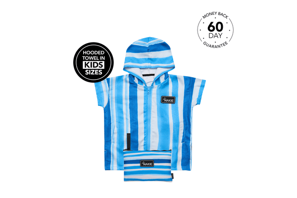 Blue and white striped kids hooded towel with short sleeves and kangaroo pocket, front view.