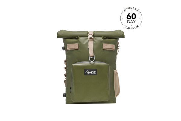 Olive green recycled cooler backpack with rolled top closure, tan straps, front pocket, and side compartments