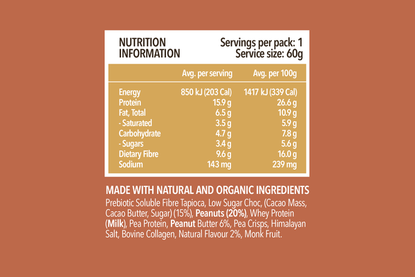 Nutrition information label for protein bar showing 850kJ per 60g serving with 15.9g protein