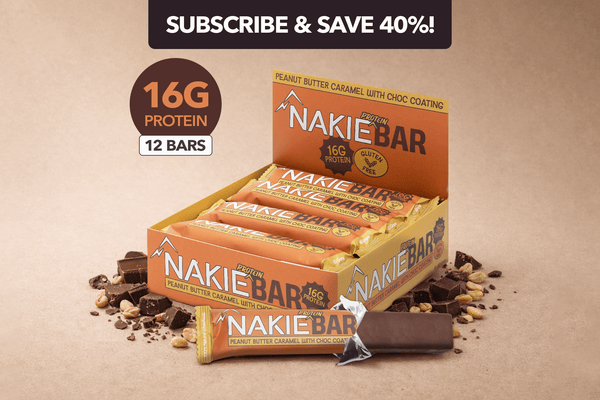 Nakie Protein Bar peanut butter caramel with chocolate coating, 16g protein, box of 12 bars