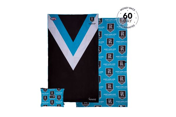 Port Adelaide Power AFL beach towel with black body, blue and white V-stripe, displayed with matching pillow and packaging fe