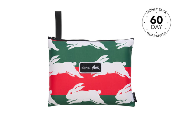 Green, white and red striped beach towel with white rabbit pattern and black carry handle, Rabbitohs design