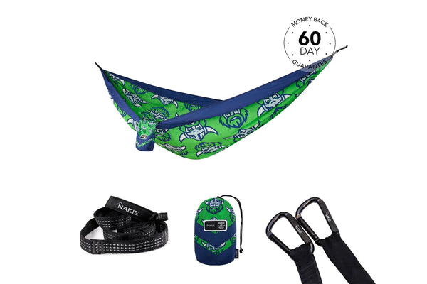 Green and navy patterned recycled hammock with straps and carabiners, displayed with carrying bag