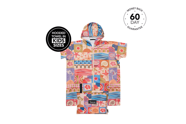 Kids hooded towel in multicolored retro beach print with pockets, flat lay view