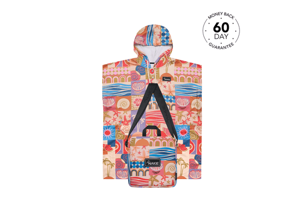 Retro Shores hooded towel with multicolor geometric beach-themed print, hood and kangaroo pouch design, flat lay view.