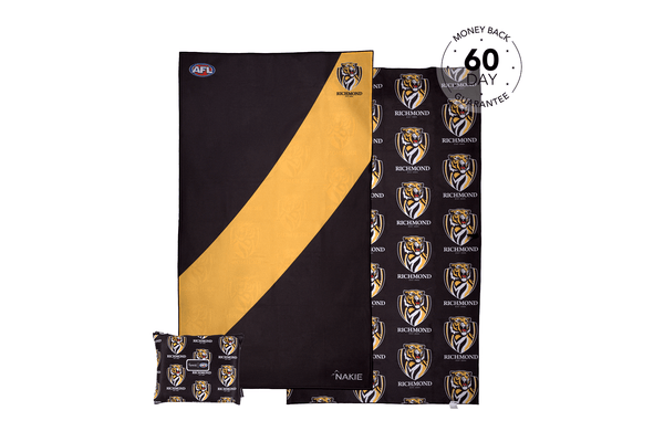 Richmond Tigers black and gold diagonal stripe recycled beach towel with tiger logo pattern, shown folded with matching pouch