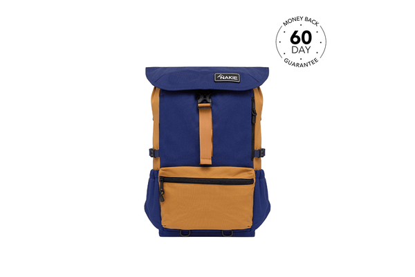 Navy and tan colorblock recycled backpack with flap top, front pocket, and padded straps, front view.