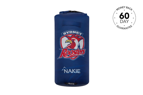 Navy Nakie dry bag with Sydney Roosters NRL logo and rolled closure, front view