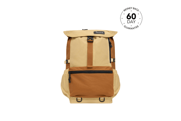 Cream and tan recycled backpack with brown straps, flap closure, and front zip pocket, front view.