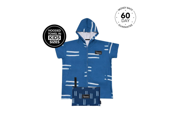 Blue hooded towel with white stripe pattern, short sleeves, and white-lined hood, displayed on flat lay.