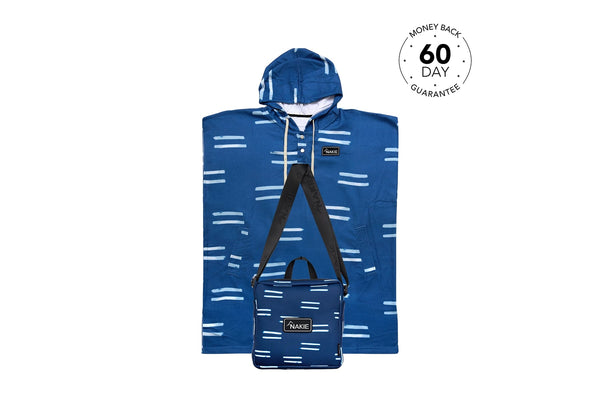 Blue hooded towel with white dash pattern, featuring matching sand-free bag with shoulder straps